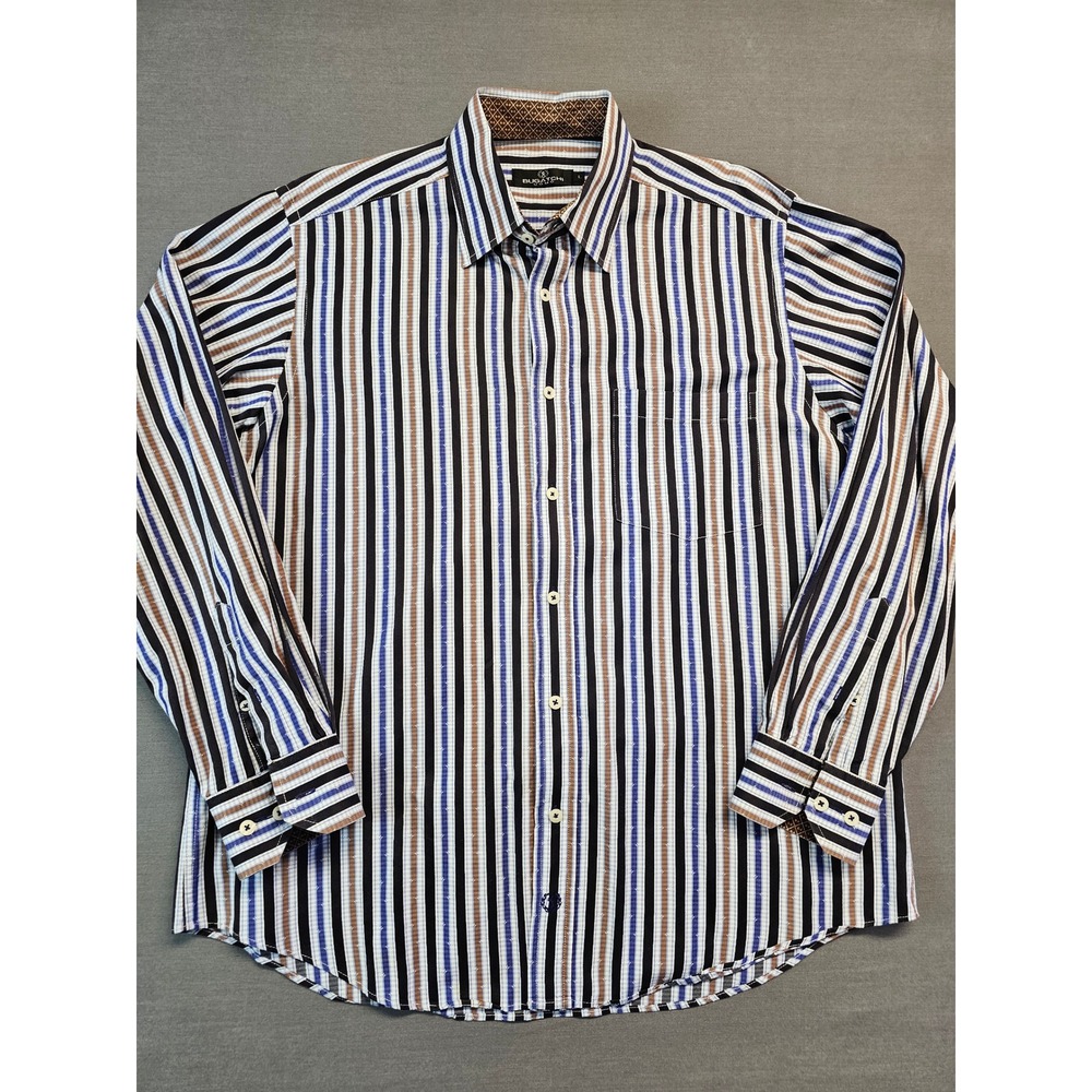 Bugatchi Uomo Mens Large Button Down Shirt Long Sleeve Striped Cotton Blue Brown